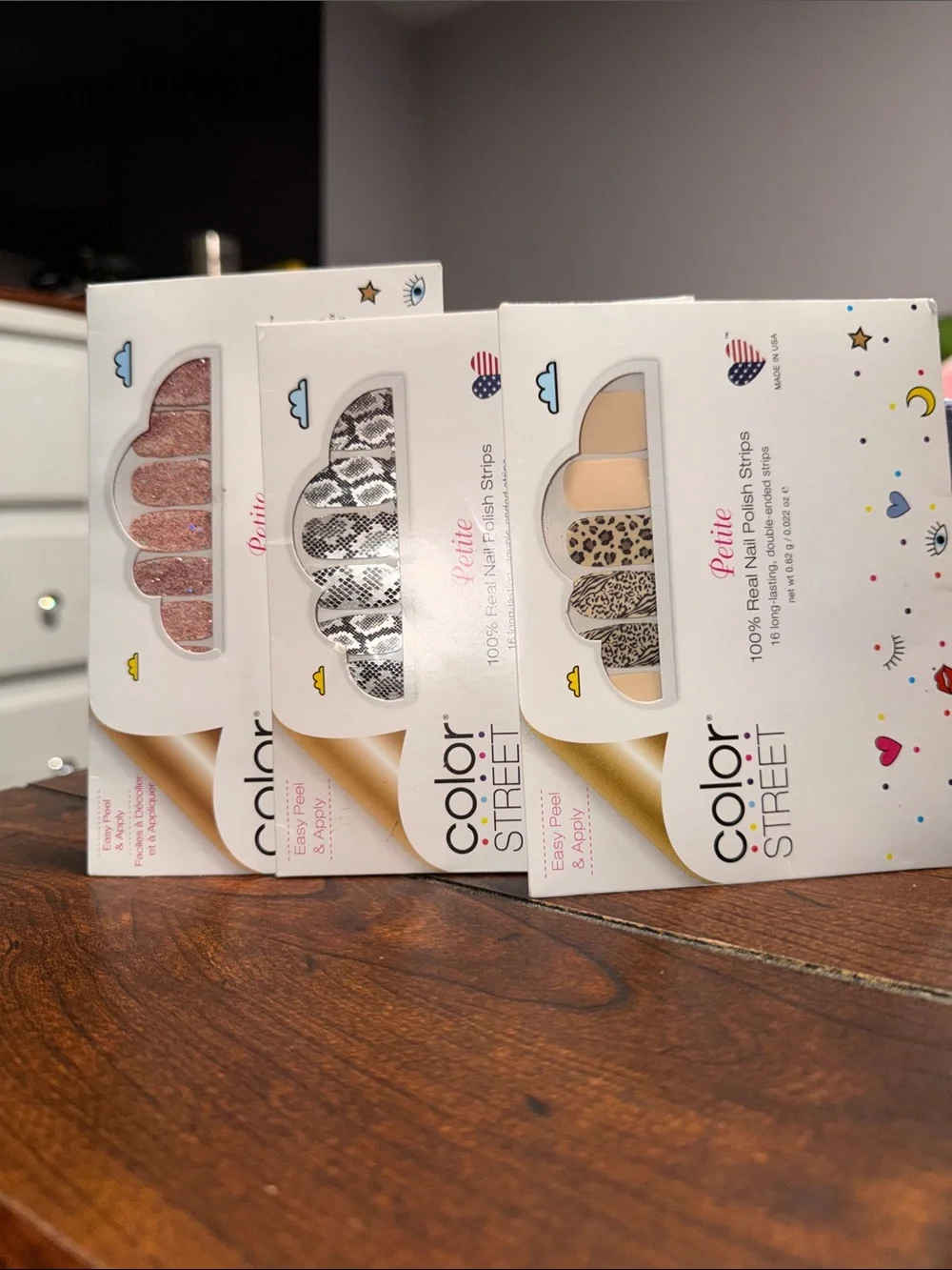 Color Street Nail Strips Trio — Pink Glitter, Silver Snakeskin, Beige Leopard